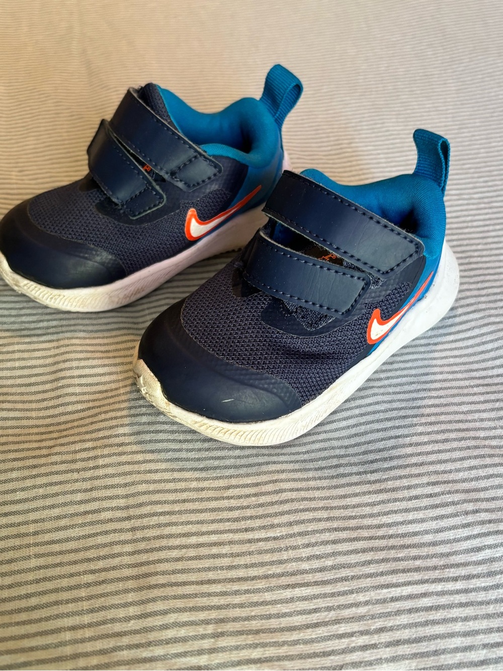 Nike Navy and Bright Blue Kids Velcro Sneakers with Orange Swoosh